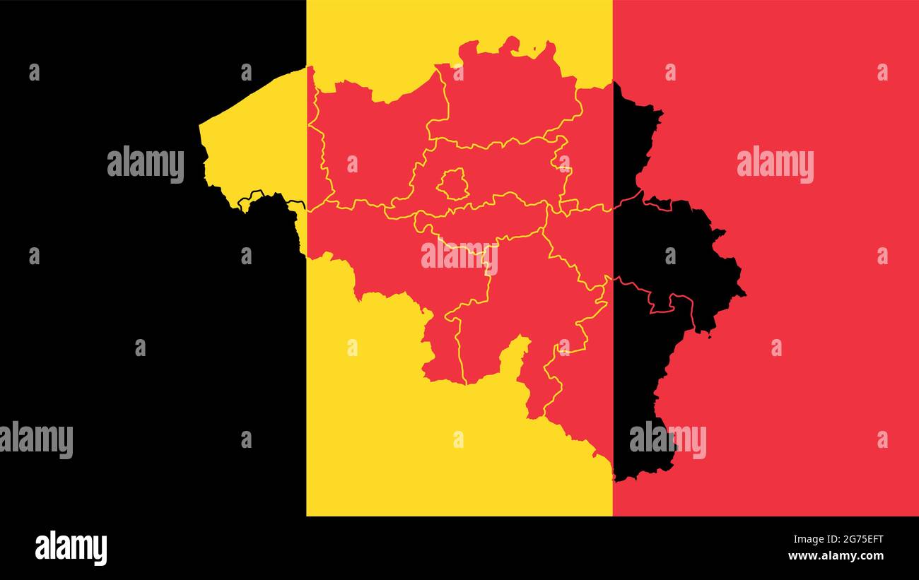 Drapeau national belge avec carte des régions administratives frontière à l'intérieur, illustration vectorielle multicolore détaillée. Illustration de Vecteur