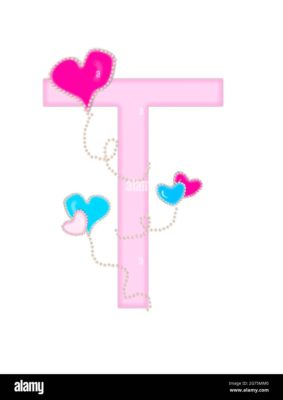 La lettre T, dans l'ensemble d'alphabet « Heart of Valentine », est rose pâle. Ballons en forme de coeur, avec perles nacrées, flottent sur la lettre. Long, curly St Banque D'Images