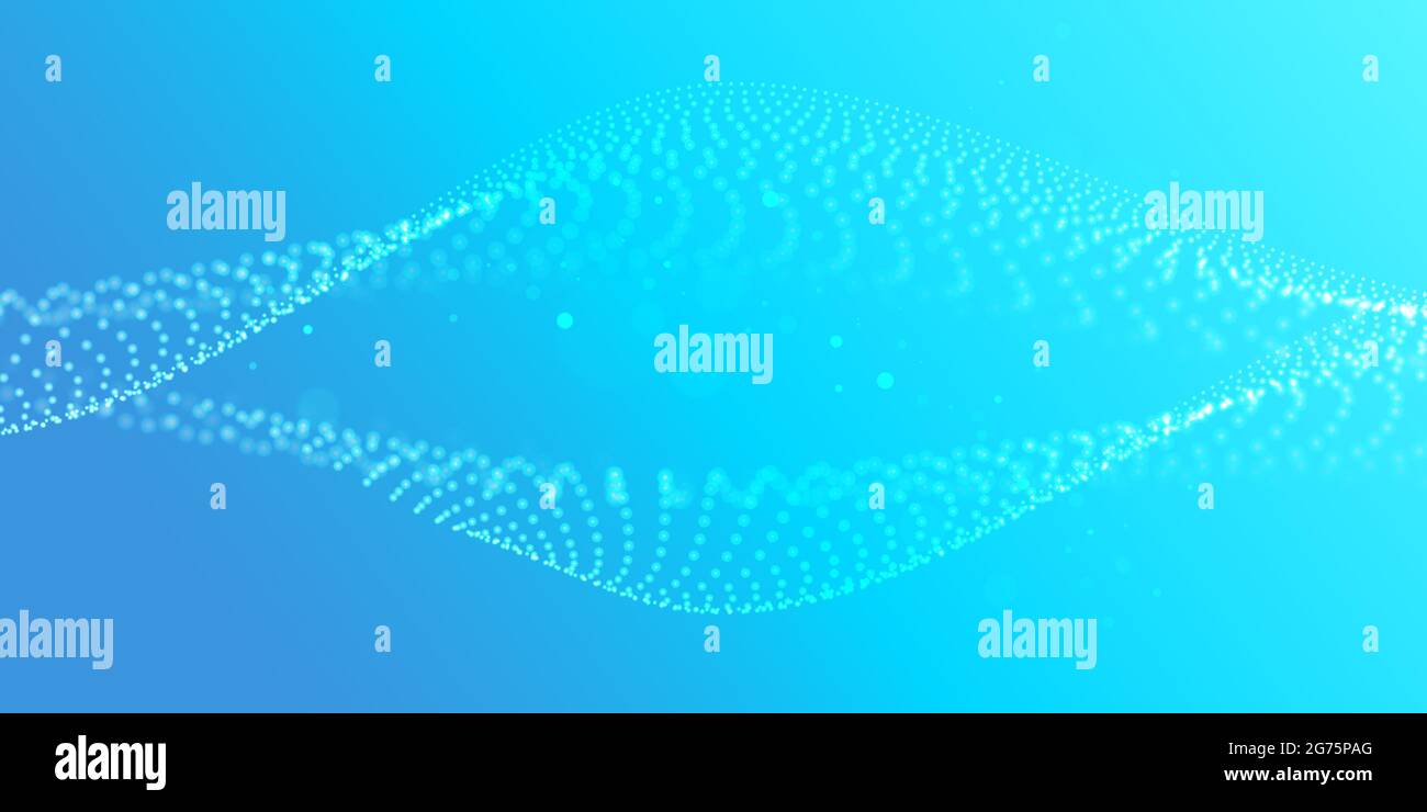 Particules fluides avec profondeur de champ. Onde de particules bleue numérique. Visualisation de la structure sonore. Illustration de Vecteur
