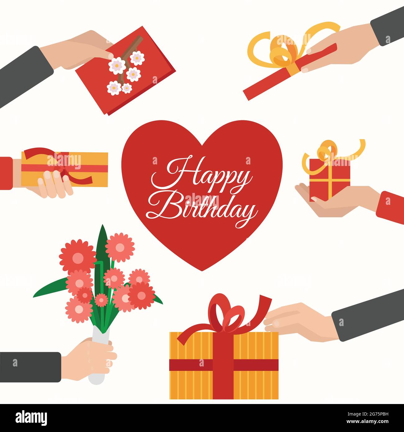 Joyeux Anniversaire Cadeaux Don Et Reception Mains Plat Pictogramme Composition Avec Coeur Symbole Abstrait Vecteur Illustration Isolee Image Vectorielle Stock Alamy