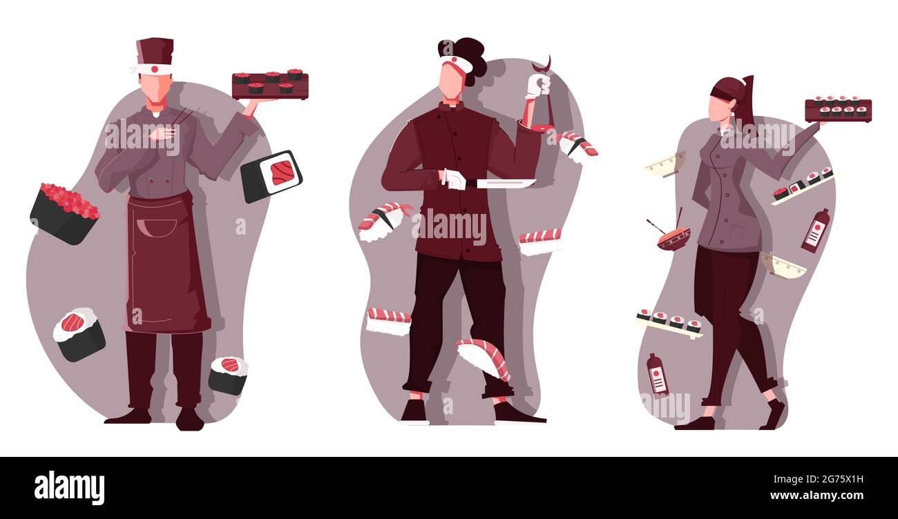 Collection sushi de compositions isolées avec des images plates de la nourriture et des personnages humains de l'illustration vectorielle du personnel du restaurant Illustration de Vecteur