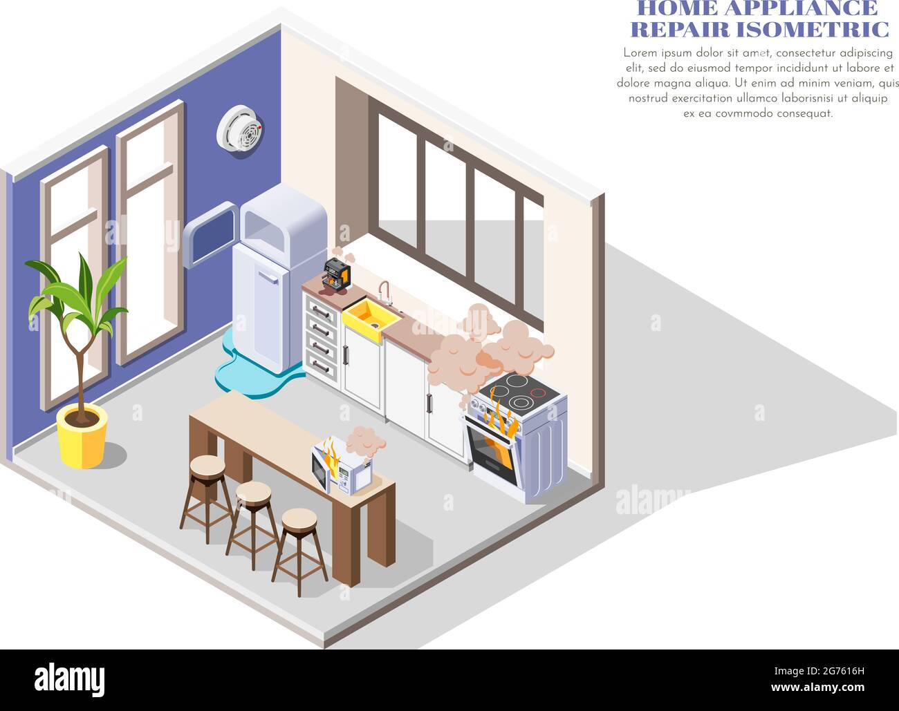 Appareils électroménagers cassés composition isométrique avec réfrigérateur qui fuit four à feu et micro-ondes dans la cuisine illustration vectorielle 3d Illustration de Vecteur