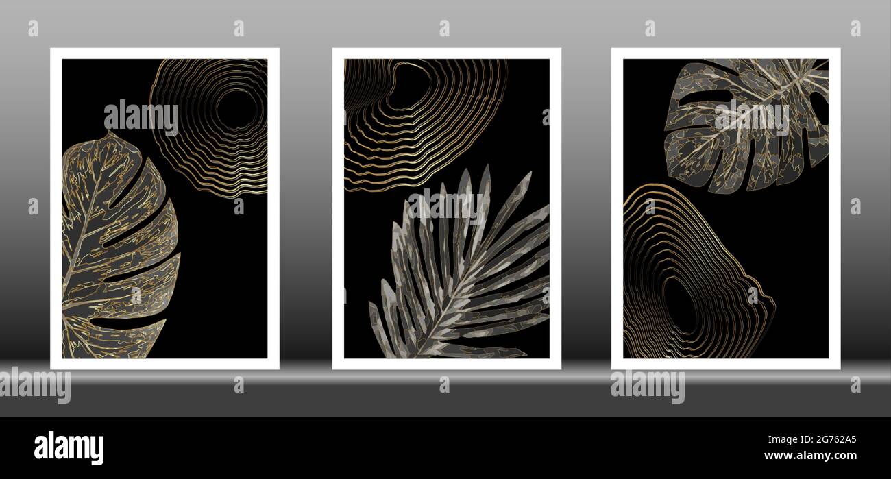 Papier peint or de luxe. Définir un arrière-plan noir et doré. Décoration murale à motif feuilles tropicales avec texture à rayures dorées brillantes. Papier peint mural art moderne. Illustration de Vecteur