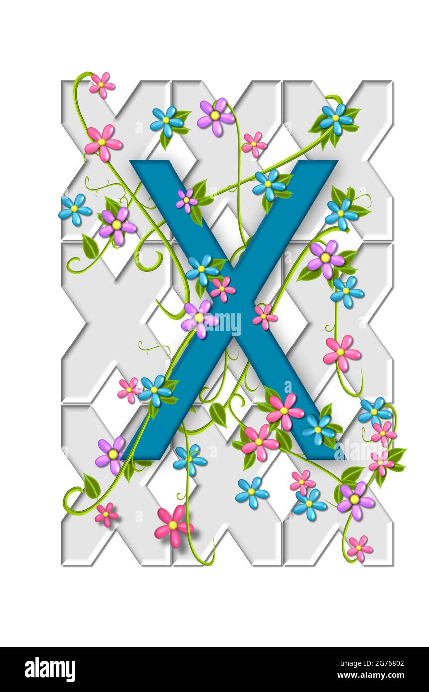 Alpha X dans l'ensemble d'alphabet 'Garden Trellis' est suspendu sur un jardin blanc Trellis et a des vignes et des fleurs qui poussent autour et à travers lui. Banque D'Images