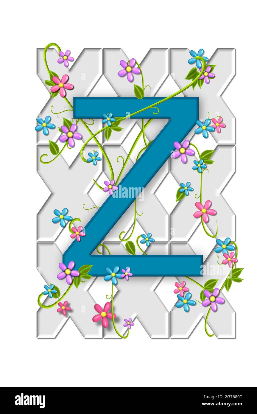 Alpha Z dans l'ensemble de l'alphabet 'Garden Trellis' est suspendu sur un jardin blanc Trellis et a des vignes et des fleurs qui poussent autour et à travers lui. Banque D'Images