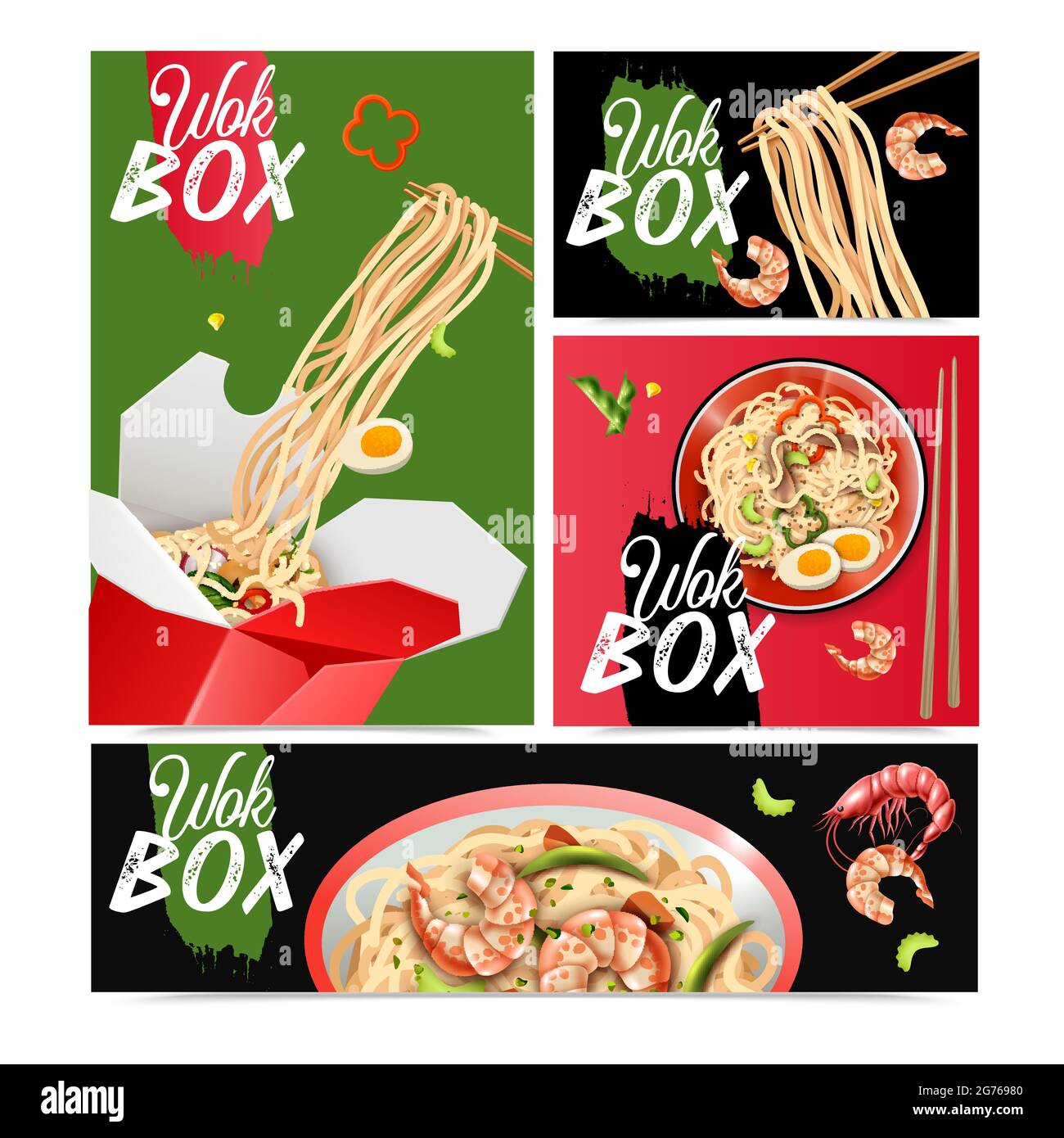 Nouilles chinoises 4 affiches publicitaires réalistes bannières ensemble avec des plats wok à sautés illustration vectorielle Illustration de Vecteur