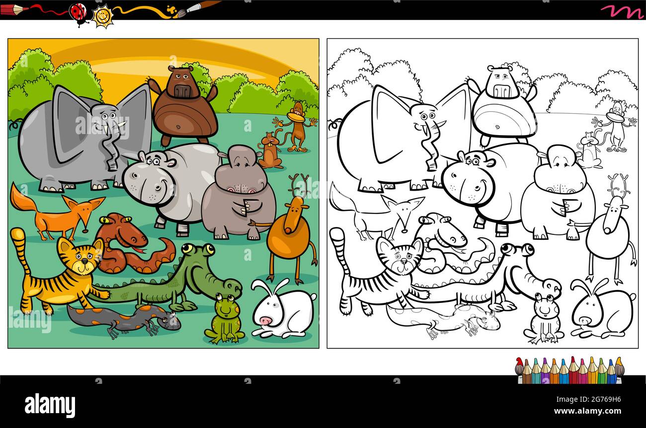 Illustration de dessin animé de groupe de caractères d'animaux sauvages page de livre de coloriage Illustration de Vecteur