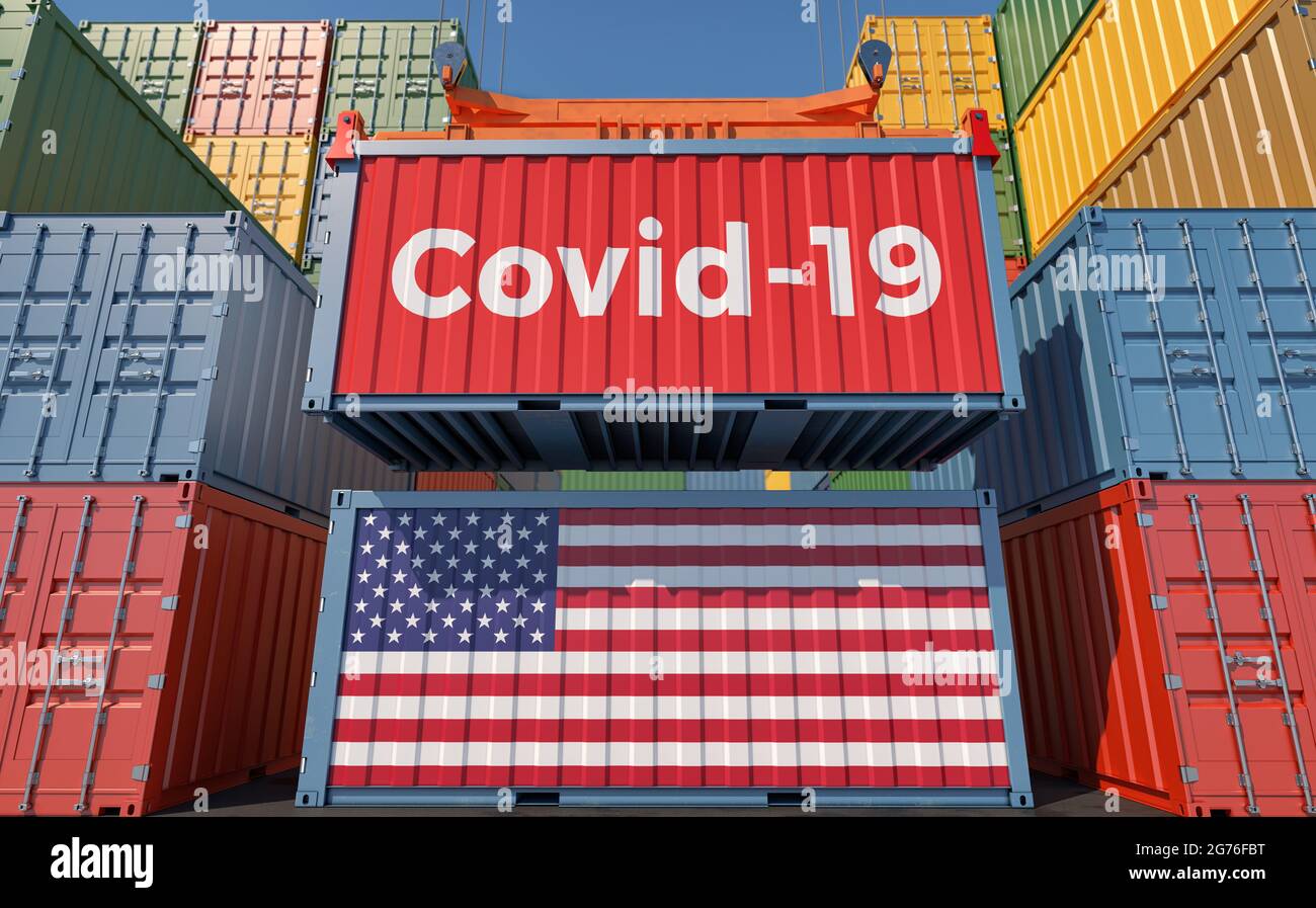 Contenant avec le texte du coronavirus Covid-19 sur le côté et contenant avec drapeau américain. Rendu 3D Banque D'Images