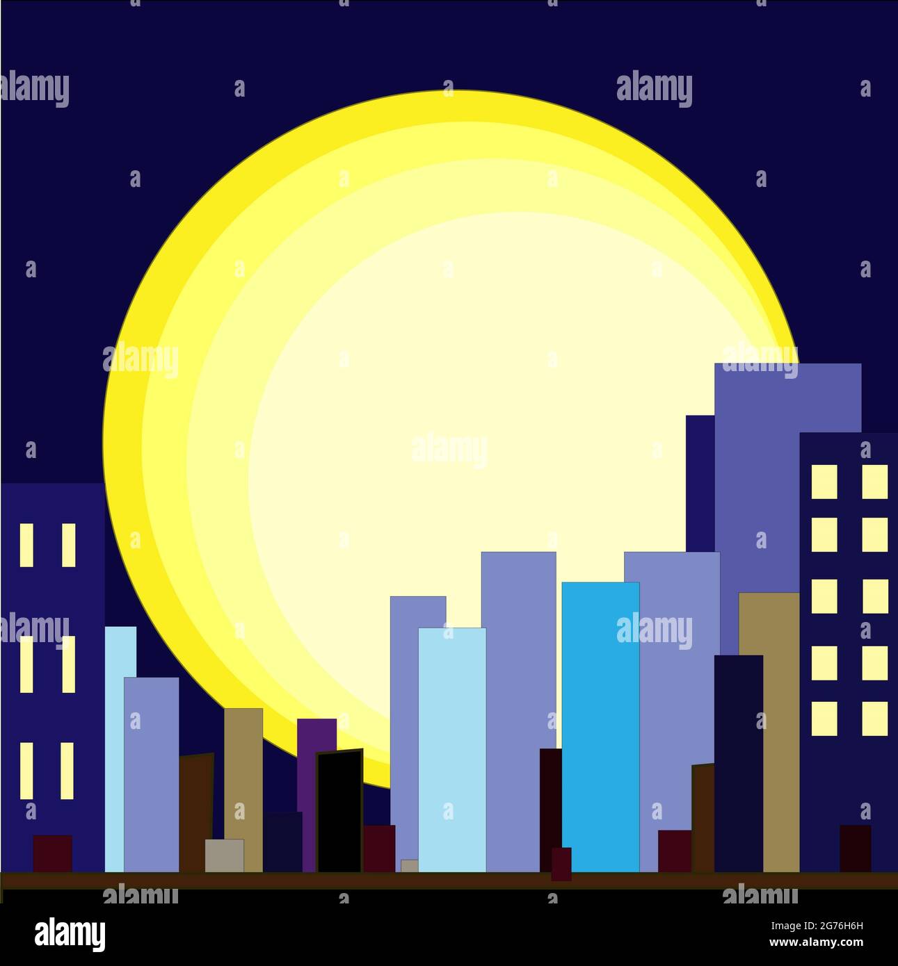 Une illustration du paysage urbain d'une énorme pleine lune sur les bâtiments de la ville de nuit Banque D'Images
