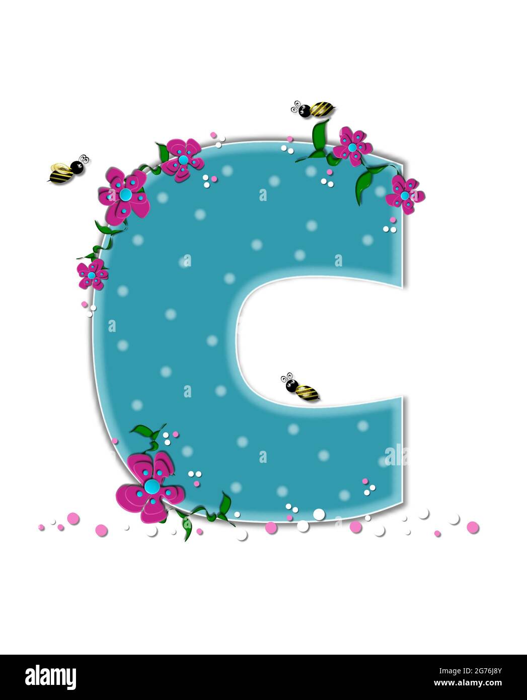 La lettre C, dans l'ensemble de l'alphabet 'Garden Buzz,' est aqua. Chaque lettre est décorée de pois doux, de fleurs et d'abeilles bourdonnantes. La base de la lettre est Banque D'Images