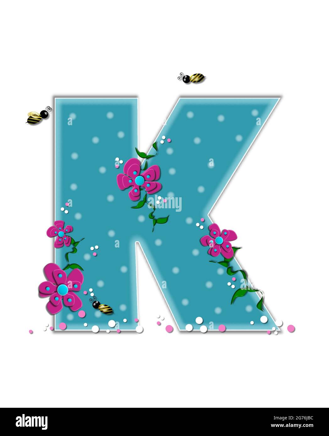 La lettre K, dans l'ensemble de l'alphabet 'Garden Buzz,' est aqua. Chaque lettre est décorée de pois doux, de fleurs et d'abeilles bourdonnantes. La base de la lettre est Banque D'Images