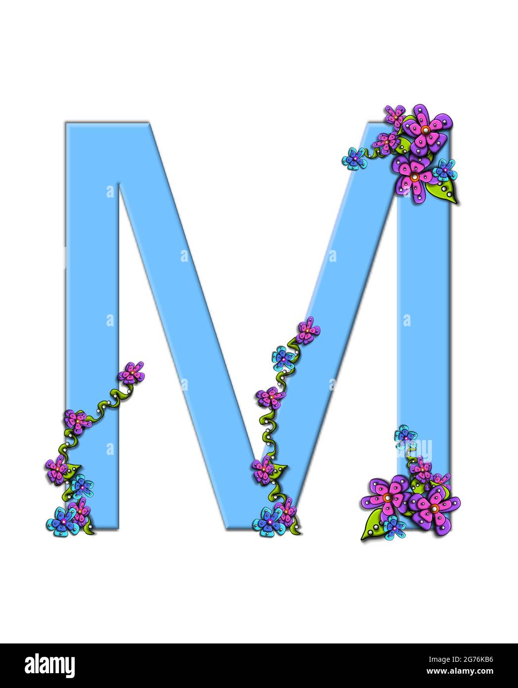 La lettre M bleue douce de l'alphabet 'Burst of Spring Blue' est décorée de bouquets de fleurs 3D, de points blancs et noirs et de vignes Banque D'Images