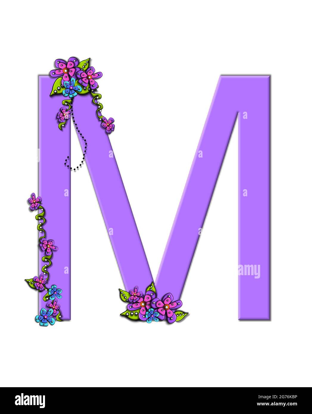 Le doux, lettre de lilas M, dans l'ensemble de l'alphabet 'Burst of Spring Lilas' est décoré avec des bouquets de fleurs 3D, avec des points en blanc et noir et des vignes Banque D'Images