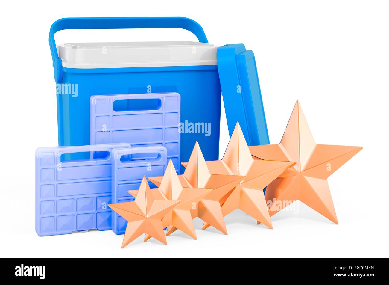 Glacière portable avec cinq étoiles dorées. Note du client pour le refroidisseur personnel. Rendu 3D isolé sur fond blanc Banque D'Images