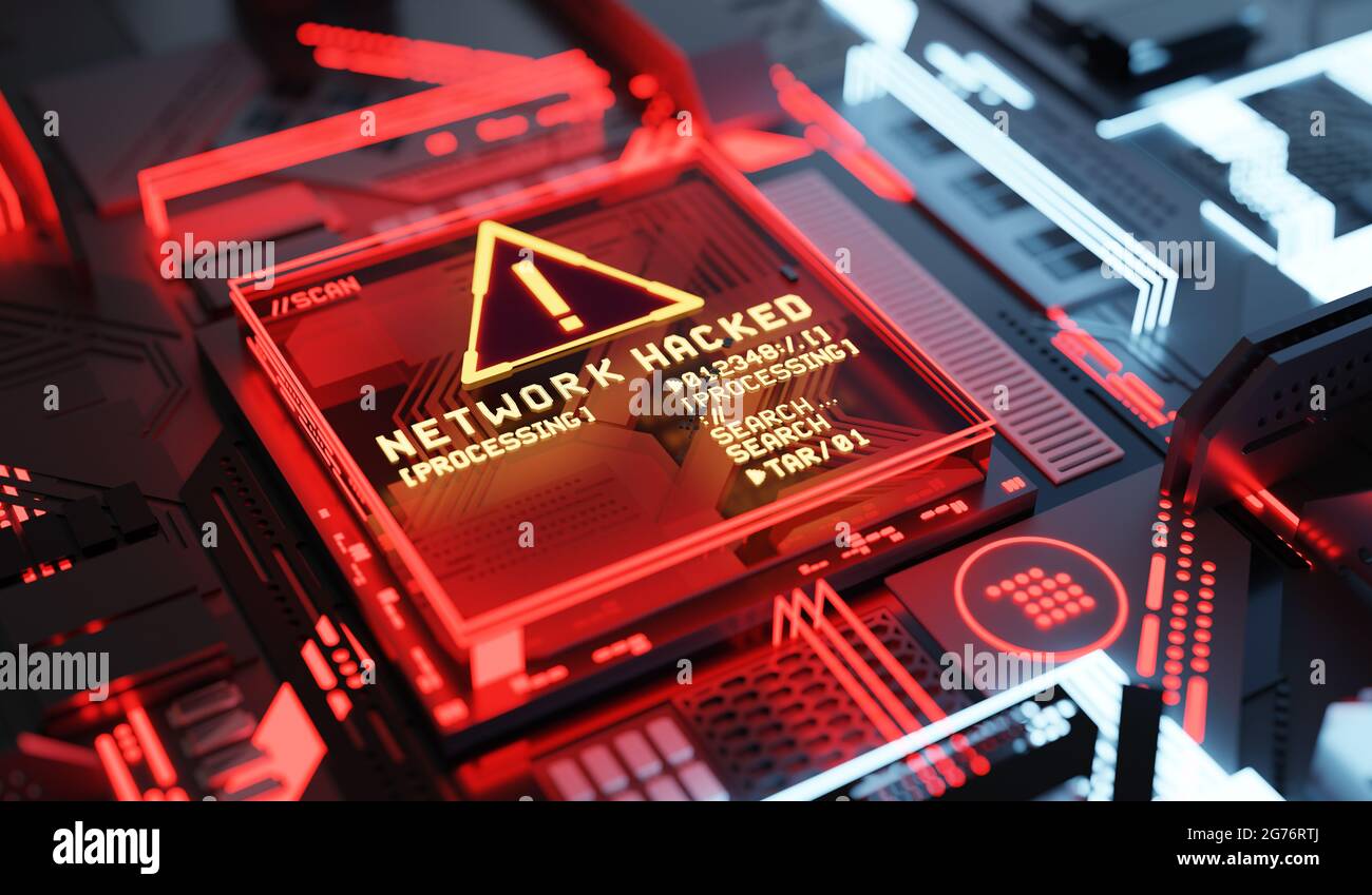 le réseau de l'entreprise est piraté avec ransomware. Concept de cybercriminalité et de matériel. Illustration 3D. Banque D'Images