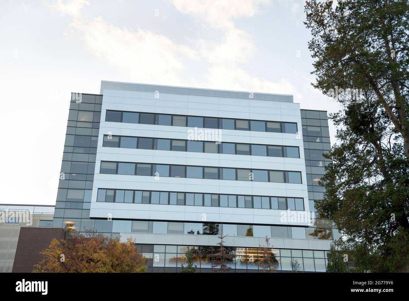 Vue à angle bas d'un bâtiment en verre à Tacoma, Wasington Banque D'Images