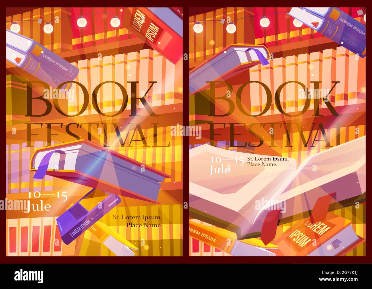 Livre des affiches de festival avec l'intérieur de la bibliothèque. Circulaires d'invitation à l'événement avec présentation de la documentation et salon. Bannières vectorielles avec illustration de dessins animés des étagères et des livres volants Illustration de Vecteur