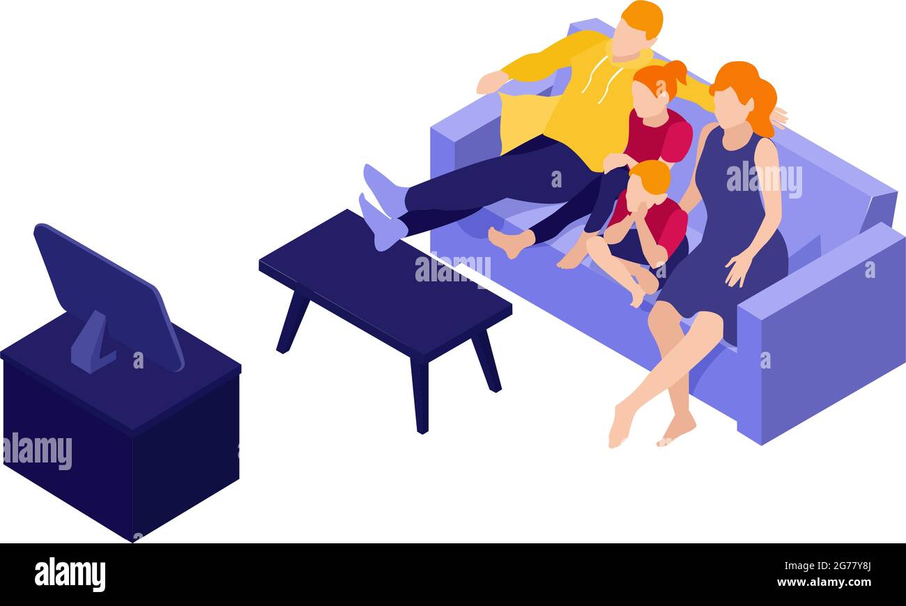 Composition en ligne isométrique avec une famille assise sur un canapé et une illustration vectorielle de la télévision Illustration de Vecteur