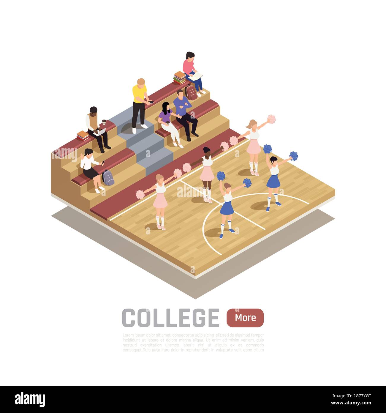 Composition isométrique avec dancing universitaire de gaierleading équipe dans la salle de gym illustration vectorielle 3d Illustration de Vecteur