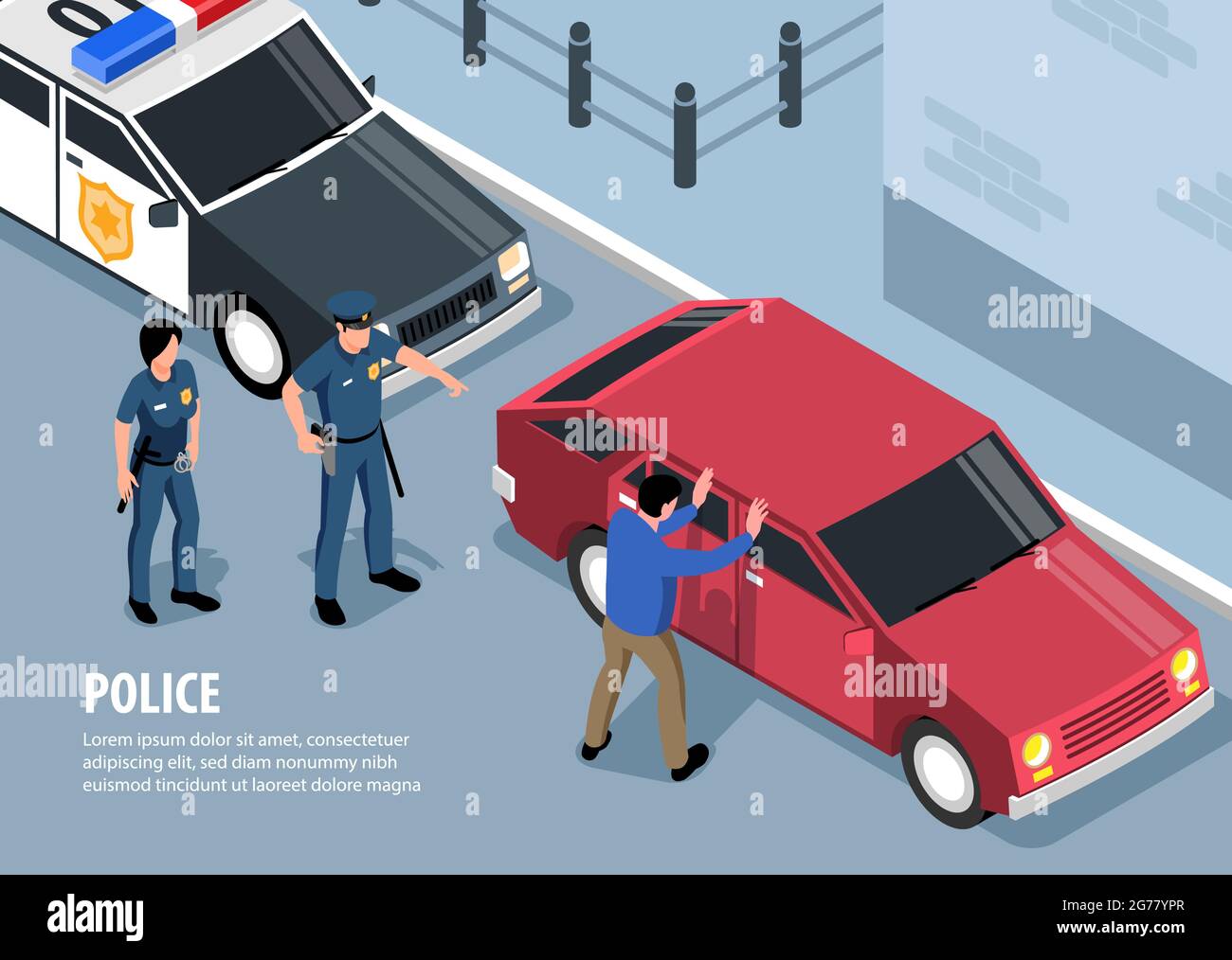 Composition isométrique d'arrière-plan de police avec paysages de rue et voitures avec officiers de scène de garde et texte modifiable illustration vectorielle Illustration de Vecteur