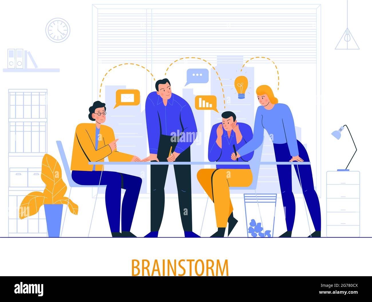 Composition de la scène de bureau plat avec description du remue-méninges et collègues à l'illustration du vecteur de réunion Illustration de Vecteur