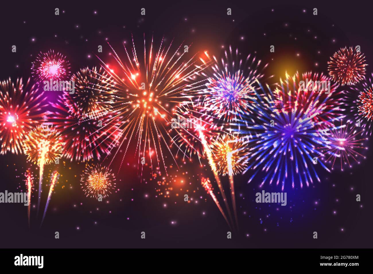 Composition réaliste des bordures de feux d'artifice avec fond de ciel nocturne et éclaboussures colorées avec particules volantes et illustrations vectorielles de taches Illustration de Vecteur