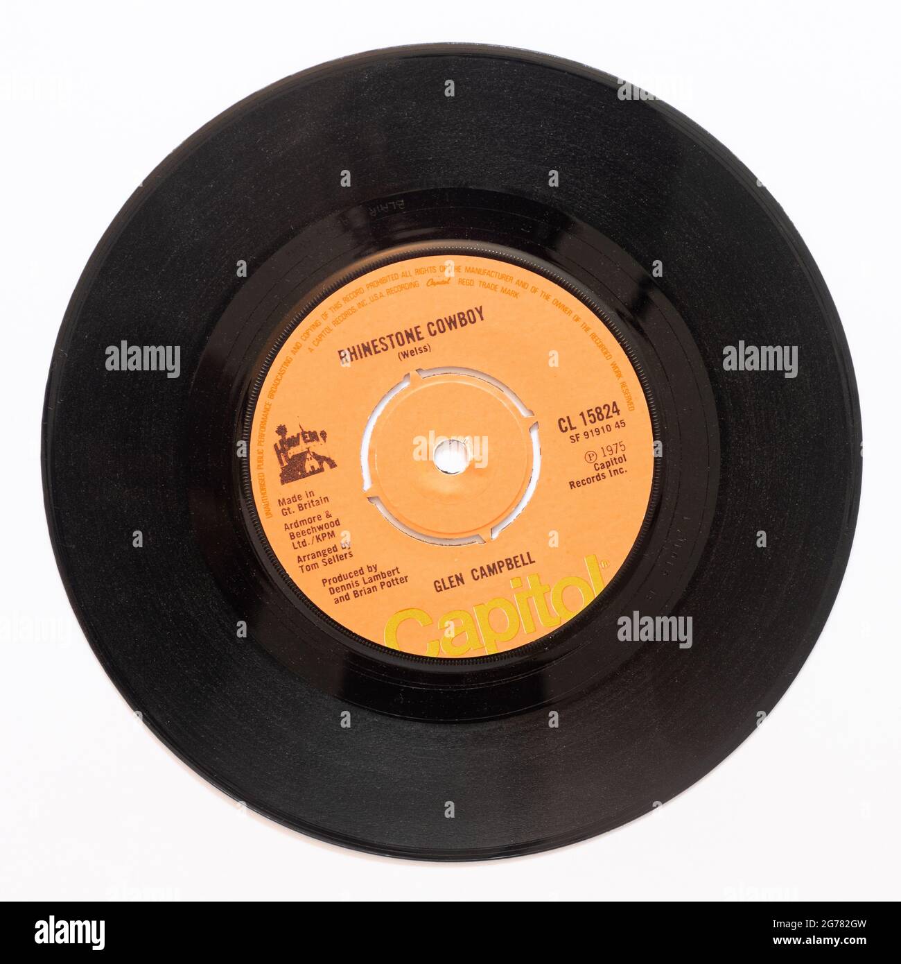 Rhinestone Cowboy de Glen Campbell, une photo du record de 7' single vinyle 45 tr/min en couverture Banque D'Images