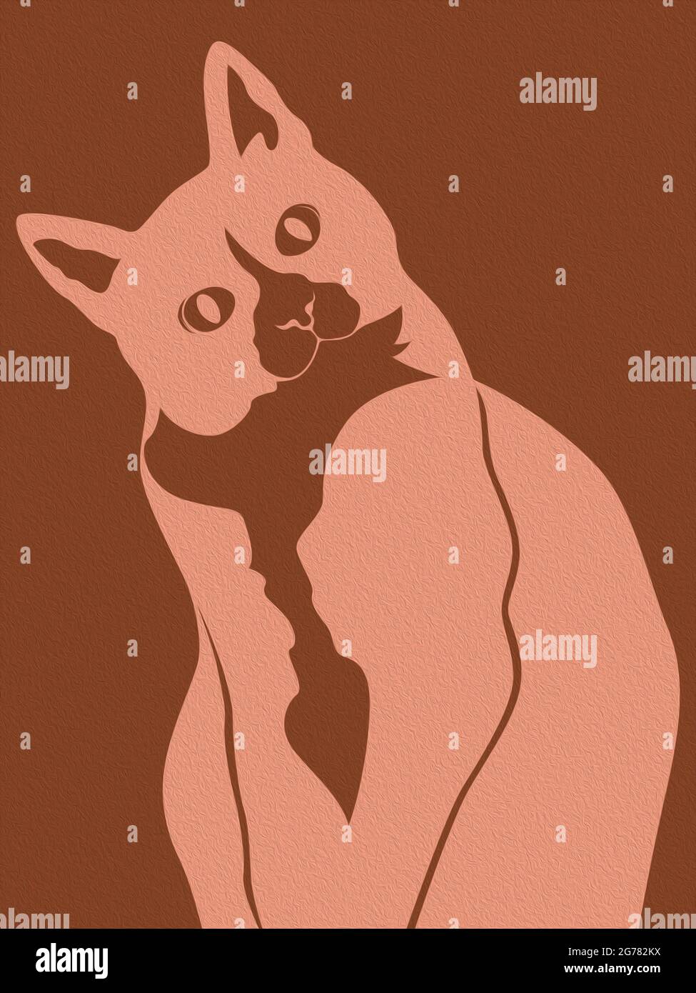 Drôle et mignon chat regardant avec intérêt, doux beige stencil sur le fond marron Banque D'Images