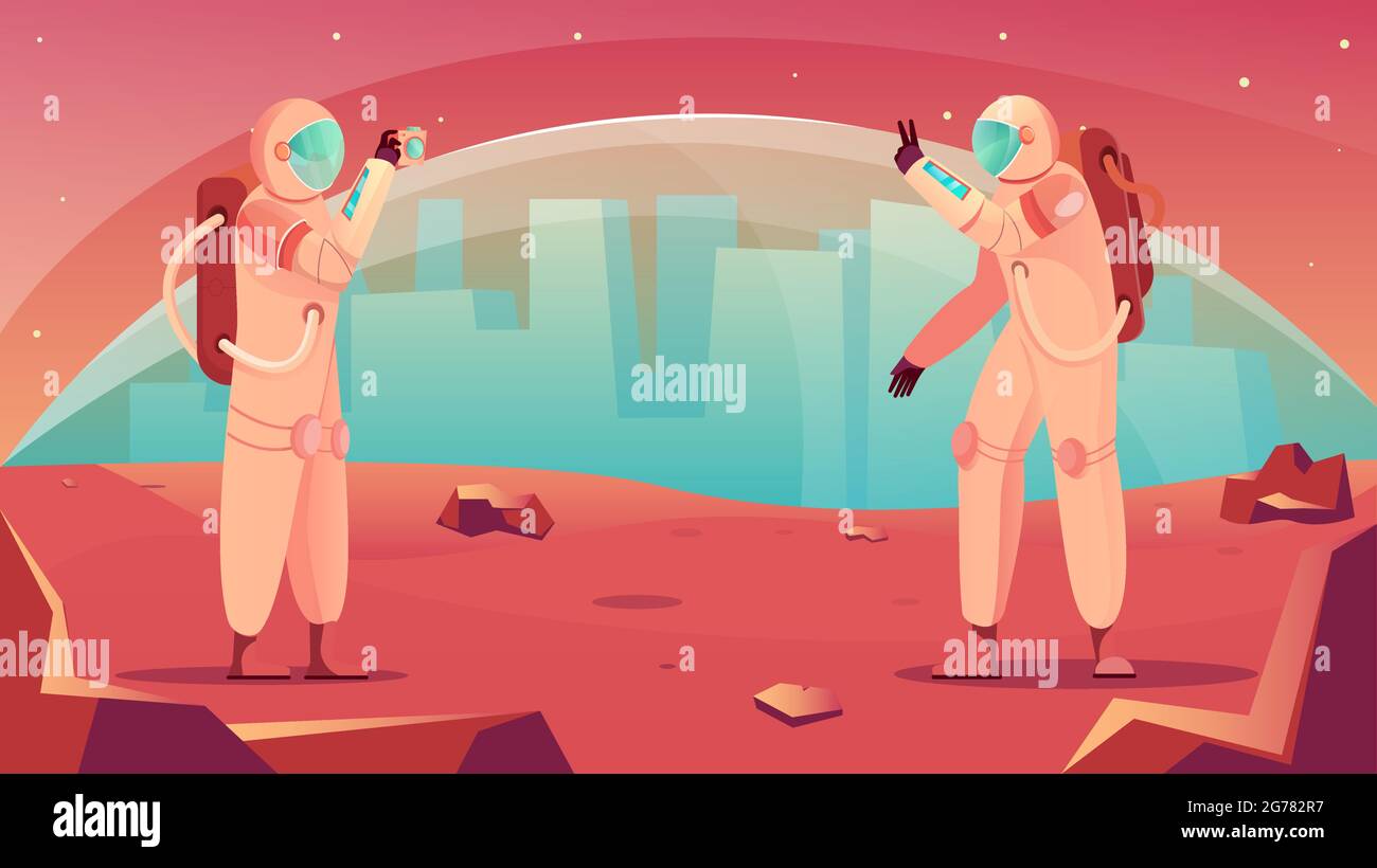 Tourisme spatial composition plate avec fond extraterrestre de base avec paysage urbain et personnages d'astronautes prenant des photos illustration vectorielle Illustration de Vecteur