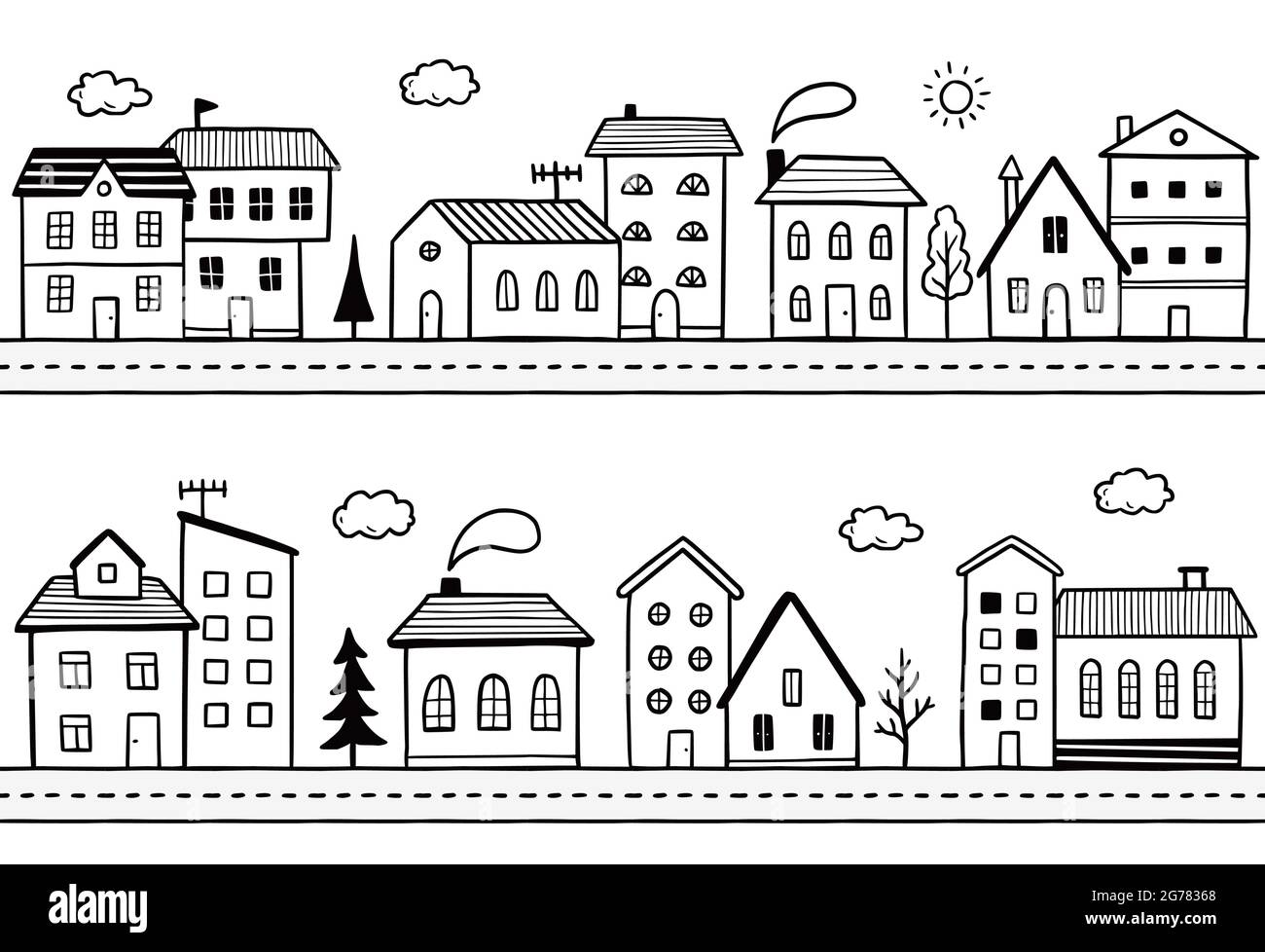 Doodle City Street avec maison. Style d'esquisse dessiné à la main. Maison avec toit. Illustration vectorielle pour village, motif de ville, arrière-plan. Illustration de Vecteur