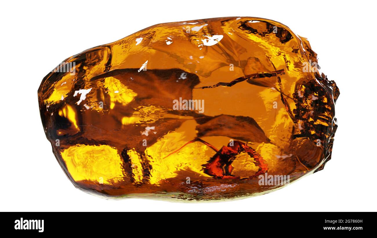 ambre avec des feuilles, résine d'arbre fossilisée naturelle isolée sur fond blanc Banque D'Images
