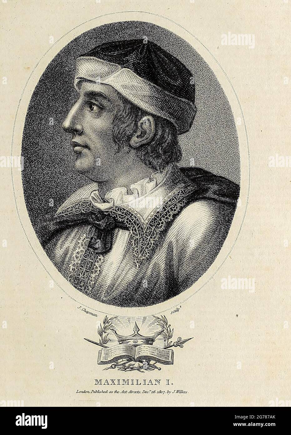 Maximilian I (22 mars 1459 – 12 janvier 1519) fut roi des Romains de 1486 et empereur romain Saint de 1508 jusqu'à sa mort. Il n'a jamais été couronné par le pape, car le voyage à Rome était toujours trop risqué. Il fut au contraire proclamé empereur élu par le Pape Julius II à Trent, brisant ainsi la longue tradition d'exiger un couronnement papal pour l'adoption du titre impérial. Maximilian était le fils de Frédéric III, le Saint empereur romain, et Éléanor du Portugal. Gravure sur plaque de coperplate de l'Encyclopedia Londinensis or, Dictionnaire universel des arts, des sciences et de la littérature; Volume VIII; E Banque D'Images