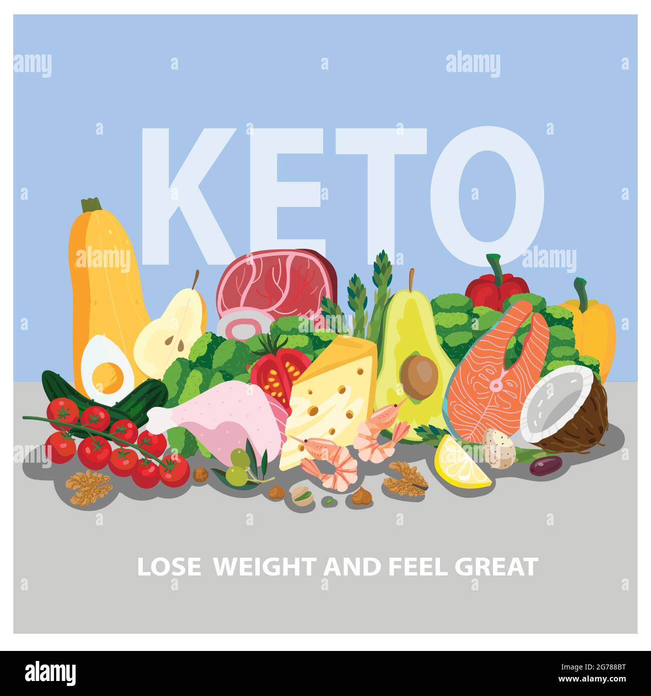 Concept de produits cétogènes pour un régime à faible teneur en glucides. Composition avec des ingrédients alimentaires sains - courgettes, poisson, tomate, fruits de mer, crevettes, brocoli, œuf, coc Illustration de Vecteur