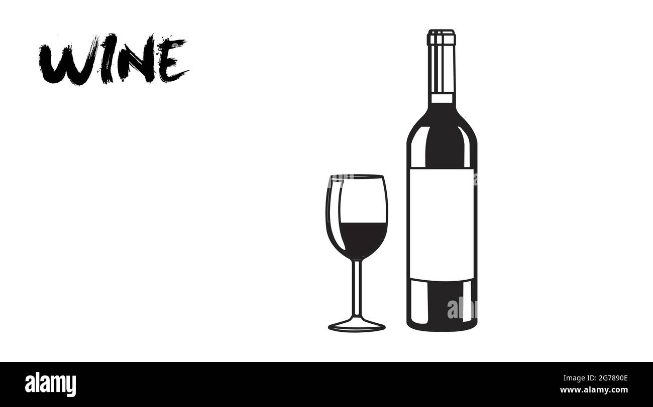 Illustration du vin. Illustration modifiable en noir et blanc d'une bouteille et d'un verre de vin Illustration de Vecteur