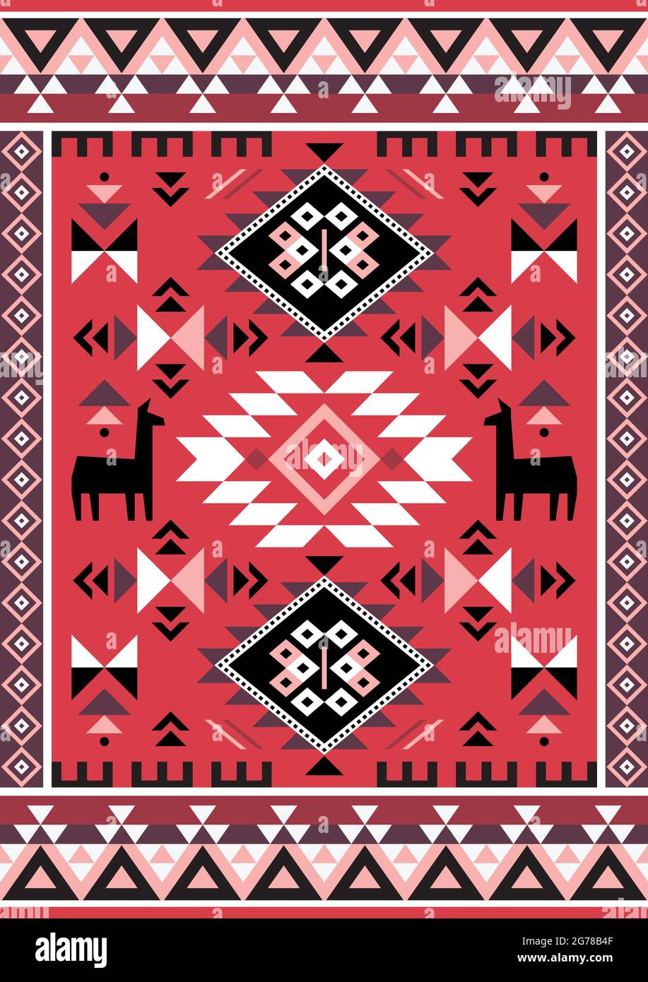 Motif géométrique de vecteur tribal rectangulaire avec lama, formes abstraites stylées comme tapis péruvien, Aztec textile ou tissu imprimé 2x3 format Illustration de Vecteur