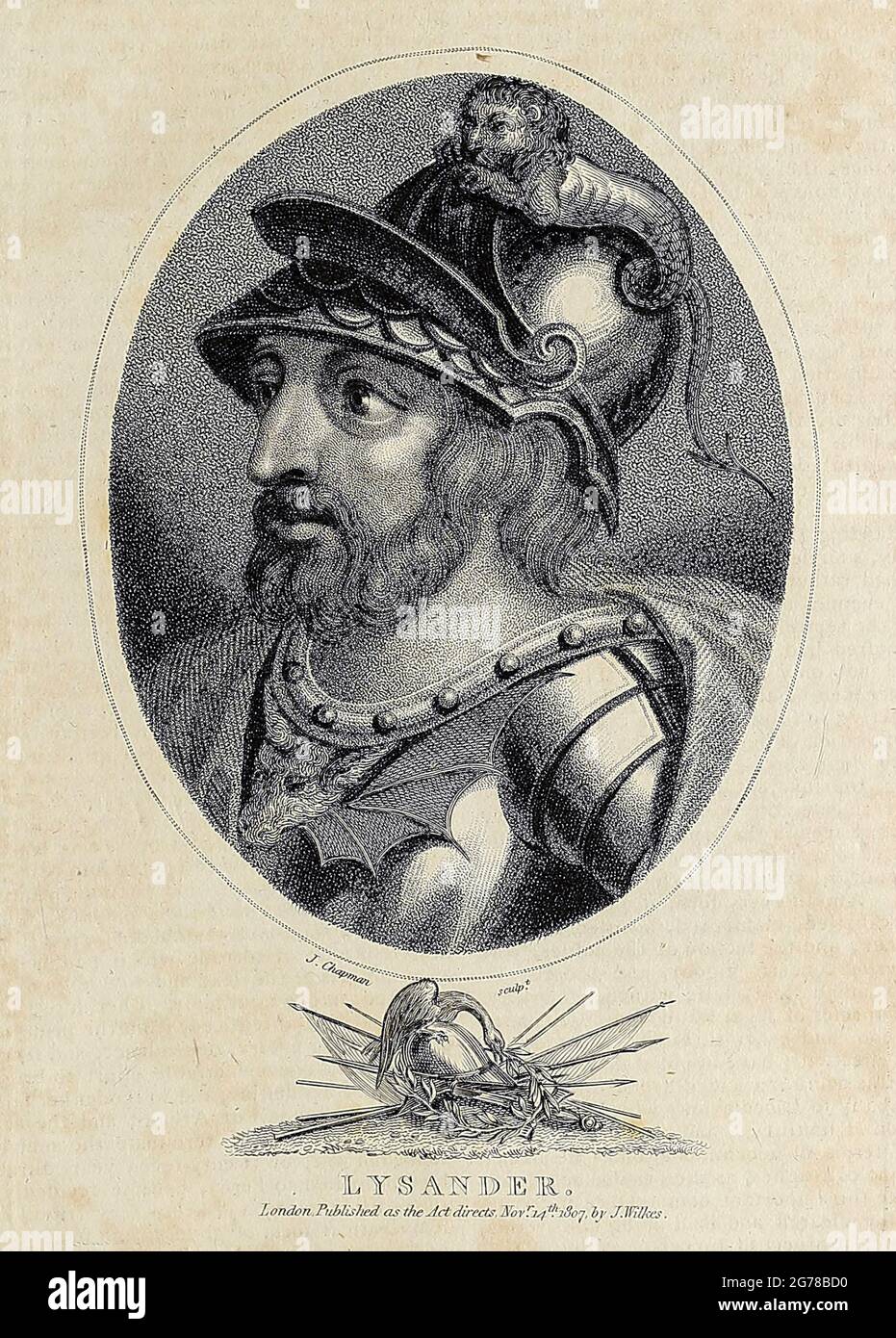 Lysander (mort en 395 av. J.-C.) était un amiral spartiate qui commandait la flotte spartiate dans le Hellespont qui battit les Athenians à Aepospotami en 405 av. J.-C. L'année suivante, il a pu forcer les Athéniens à capituler, mettant fin à la guerre du Péloponnèse. Il a ensuite joué un rôle clé dans la domination de la Grèce par Sparte pendant la décennie suivante jusqu'à sa mort à la bataille d'Haliartus. Gravure sur plaque de coperplate de l'Encyclopedia Londinensis or, Dictionnaire universel des arts, des sciences et de la littérature; Volume VIII; édité par Wilkes, Jean. Publié à Londres en 1810. Banque D'Images
