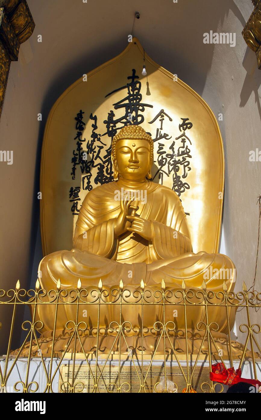 Statue d'or de Bouddha sur la stupa de paix mondiale près de Pokhara, Népal Banque D'Images
