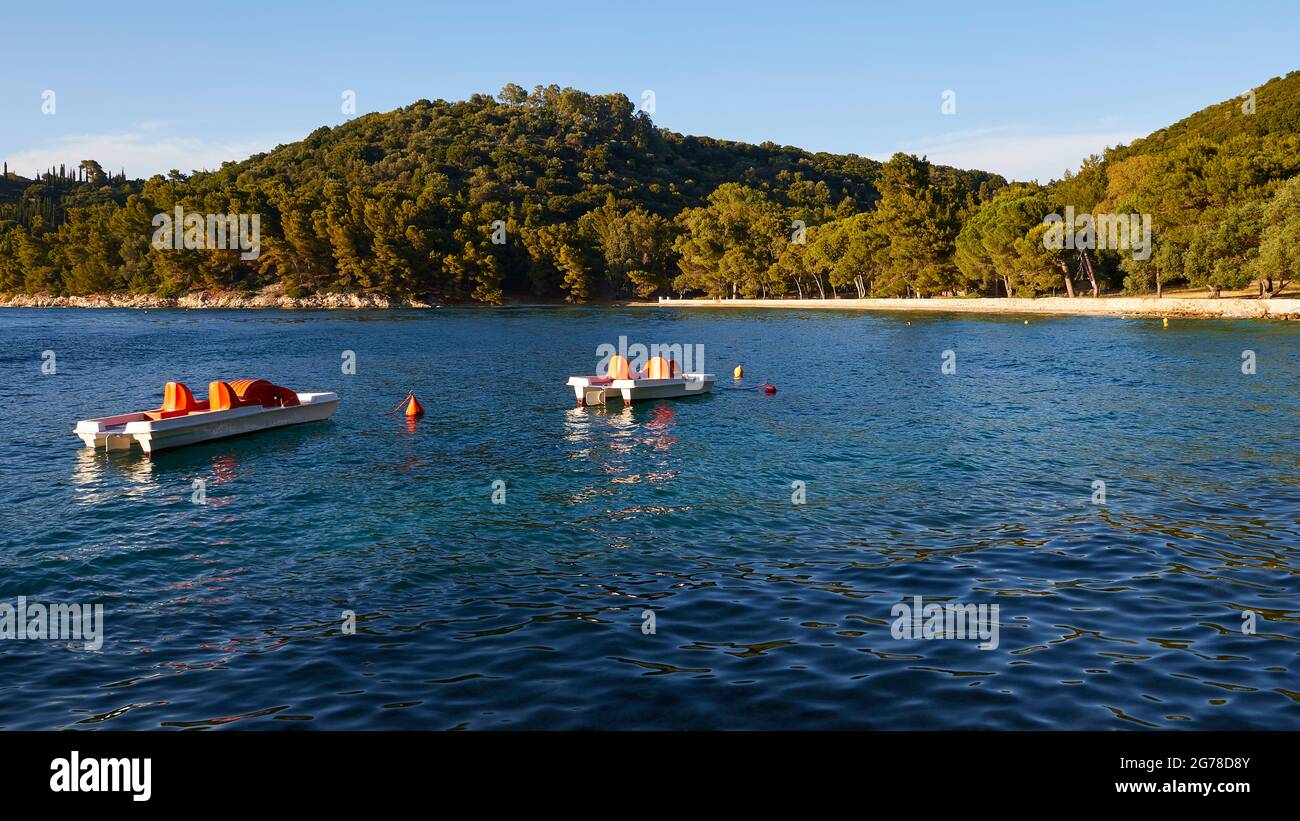 Iles Ioniennes, Ithaca, île d'Odysseus, Vathi, Plage de Loutsa, eau verte, eau bleue, arbres sur la plage, plage solitaire, pédalos à l'ancre, vue à travers les arbres Banque D'Images