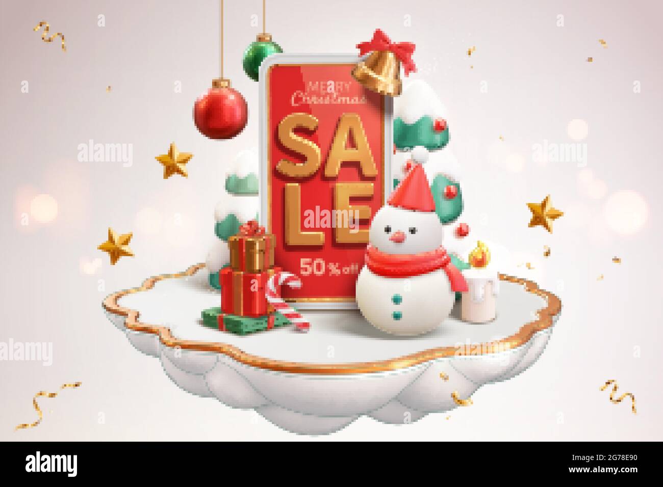 bandeau publicitaire 3d de Noël en ligne. Un téléphone portable avec texte de vente sur lui debout avec un bonhomme de neige et d'autres objets de fête sur une scène en forme de nuage fl Illustration de Vecteur
