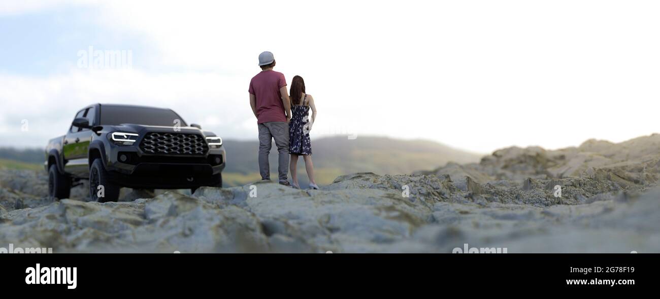 Un jeune couple s'enfuit dans son camion dans la nature et profite du rendu 3d de la vue Banque D'Images