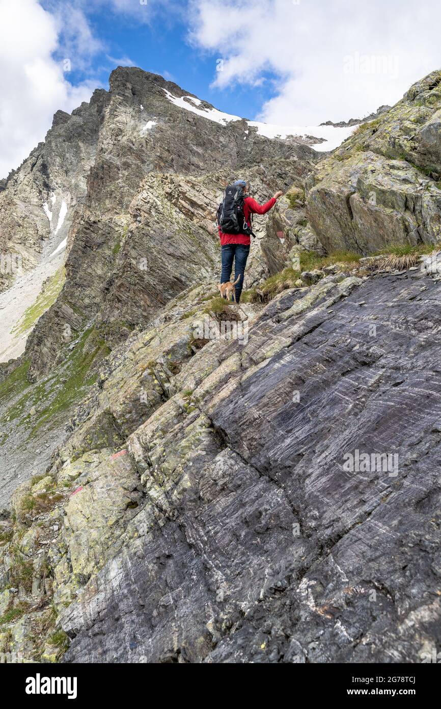 Europe, Autriche, Tyrol, Verwall, Paznaun, Galtür, cabane Friedrichshafener, montée au Vertineskopf sur le Georg-Prasser-Weg Banque D'Images