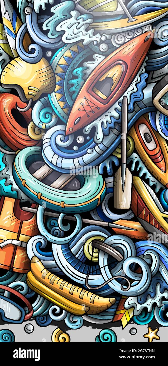 Banderole pour les sports nautiques à la main. Brochure détaillée du vecteur de dessin animé. Illustration avec objets et symboles de sport d'été. Arrière-plan vertical coloré Illustration de Vecteur