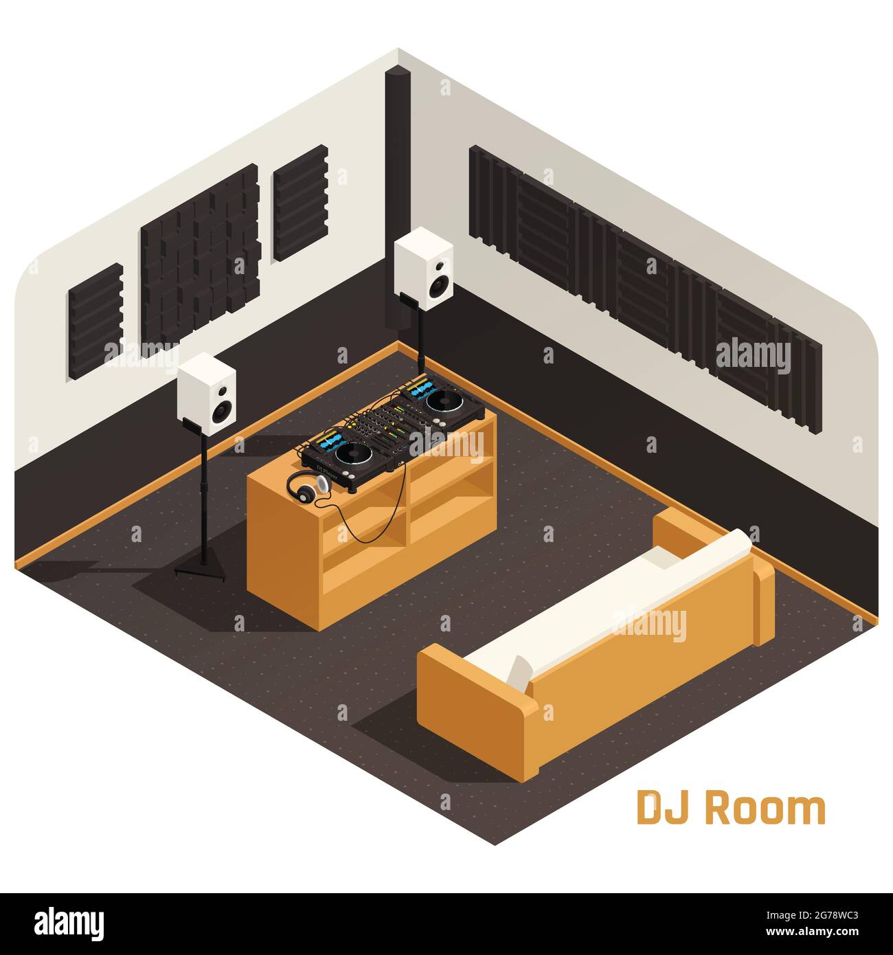 Intérieur de la salle de musique du studio DJ composition isométrique avec platines vinyle disques armoire de stockage enceintes illustration vectorielle du canapé Illustration de Vecteur