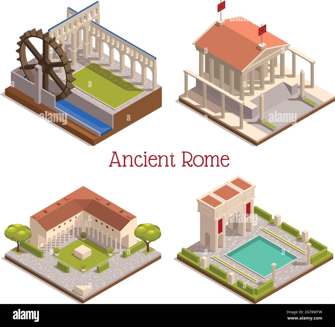 Monuments de la rome antique 4 composition isométrique avec forum pantheon arc triomphal en bois moulin roue aqueduc illustration vectorielle Illustration de Vecteur