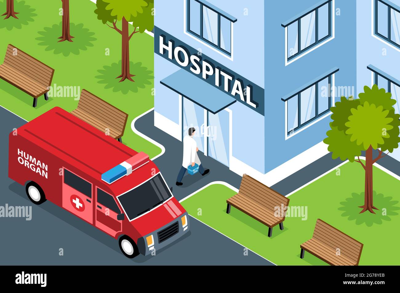 Composition horizontale des organes humains donneurs isométriques avec vue extérieure de la camionnette d'urgence du bâtiment de l'hôpital et illustration du vecteur médecin Illustration de Vecteur