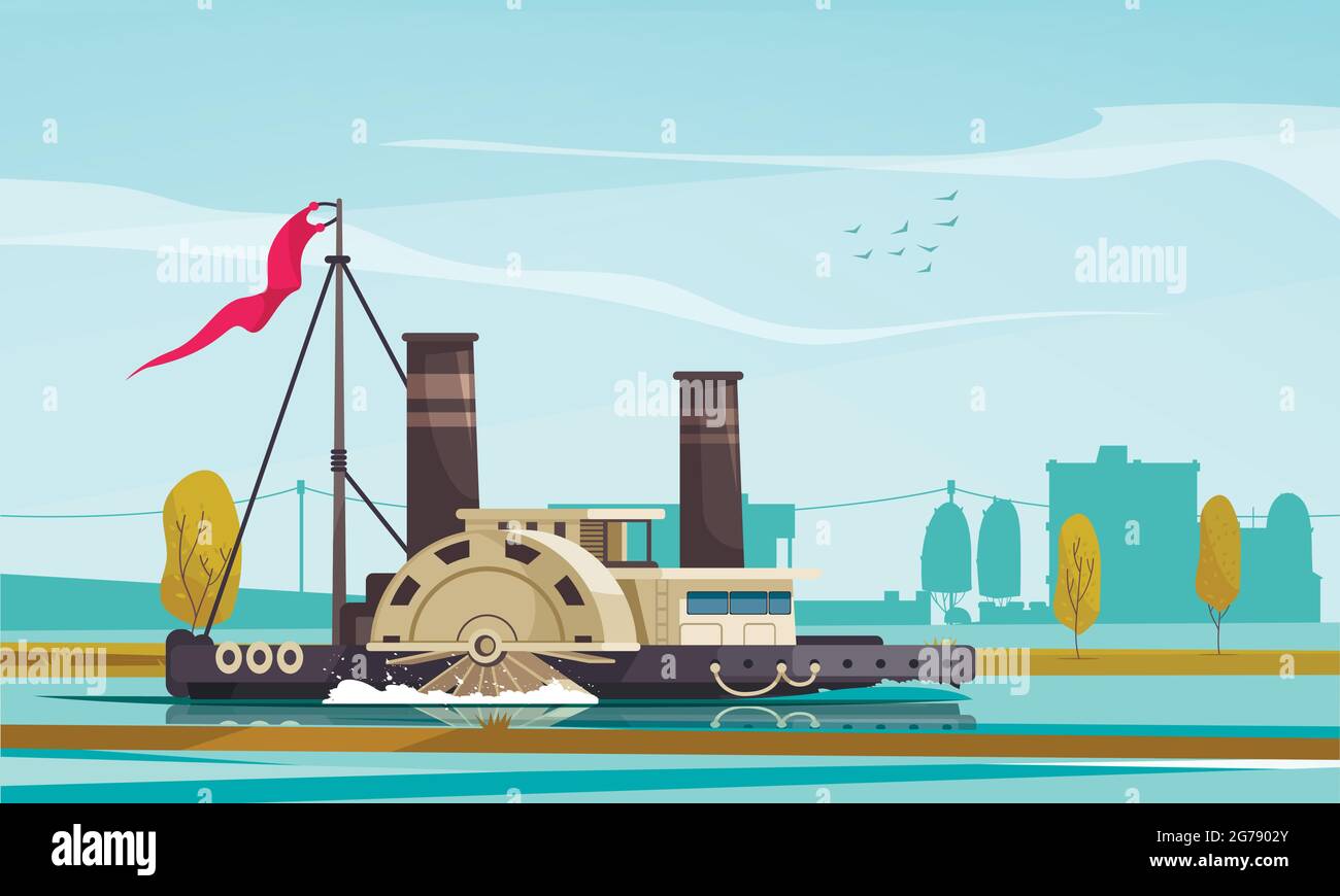Composition de transport vintage avec paysage urbain extérieur avec bateau à vapeur de type roue à aubes flottant sur l'illustration du vecteur de rivière Illustration de Vecteur
