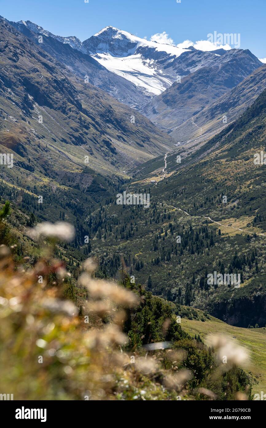 Europe, Autriche, Tyrol, Alpes de l'Ötztal, Ötztal, Vent, vue sur le pittoresque Niedertal avec la vilaciée Similaun dans la tête de la vallée Banque D'Images