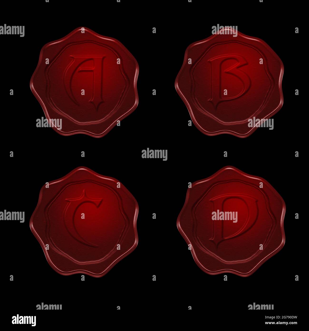 Rendu 3d de l'alphabet de cire rouge sur fond noir - lettres A-D. Banque D'Images