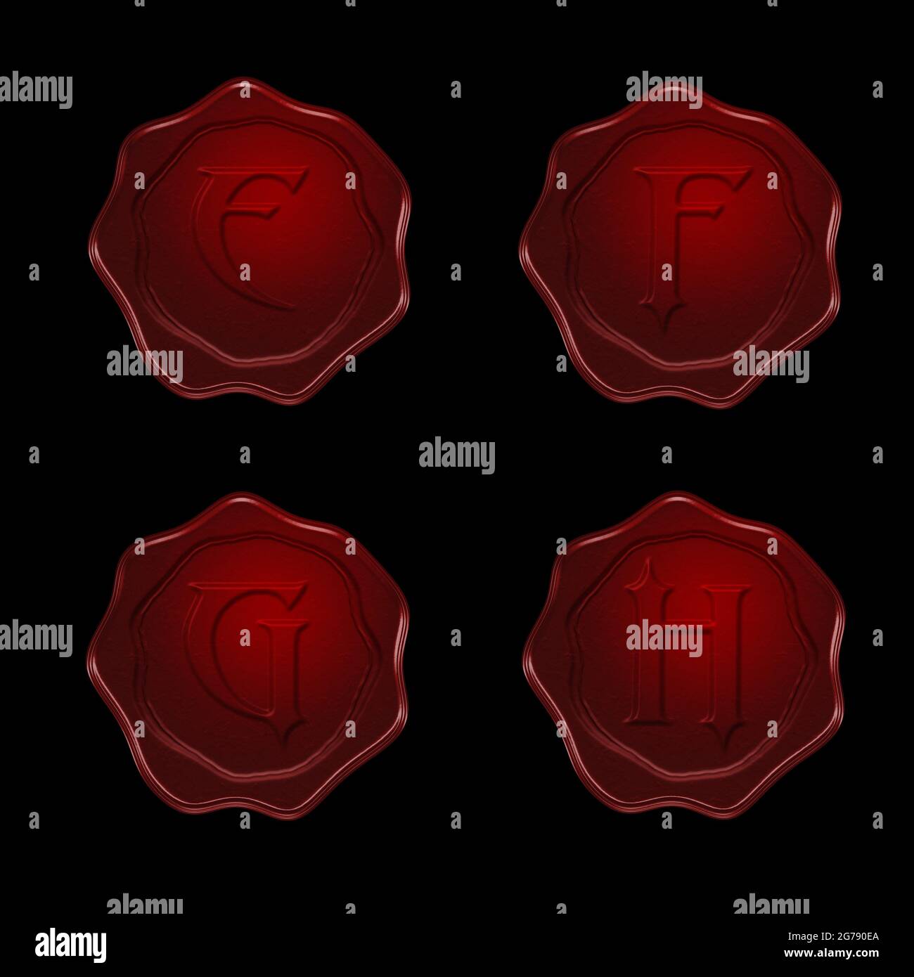Rendu 3d de l'alphabet de cire rouge sur fond noir - lettres E-H. Banque D'Images