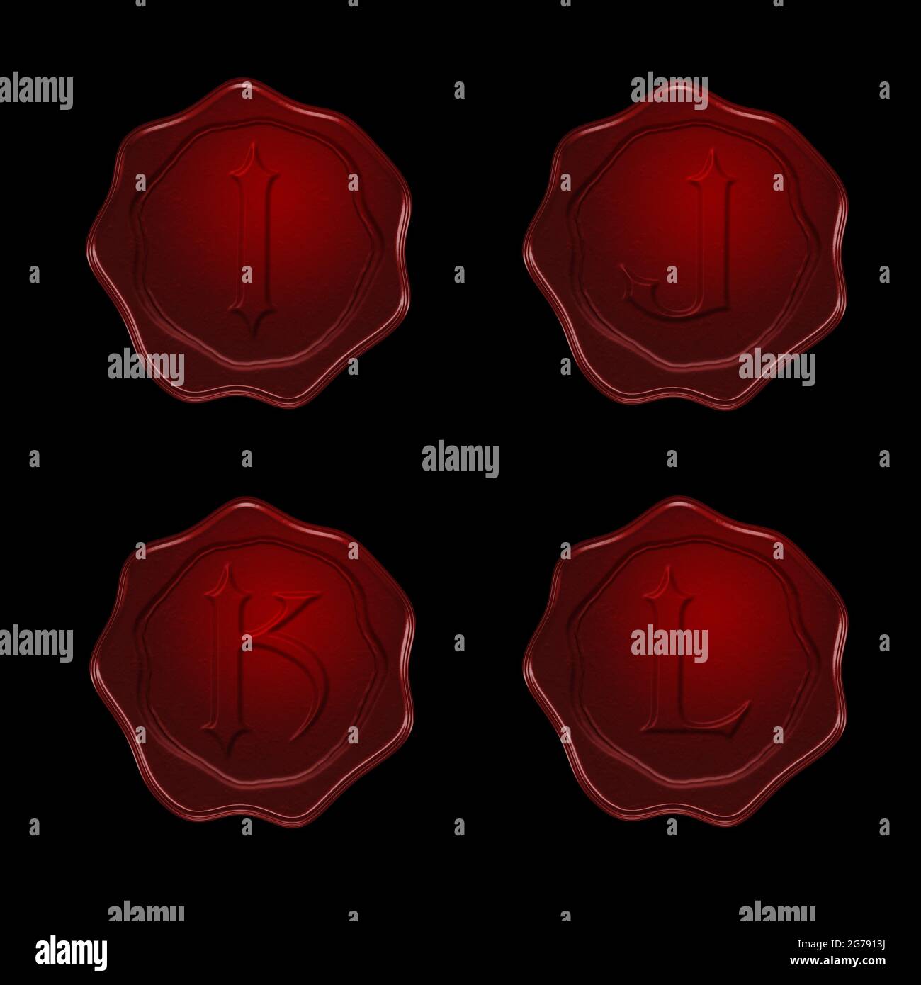 Rendu 3d de l'alphabet de cire rouge sur fond noir - lettres I-L Banque D'Images